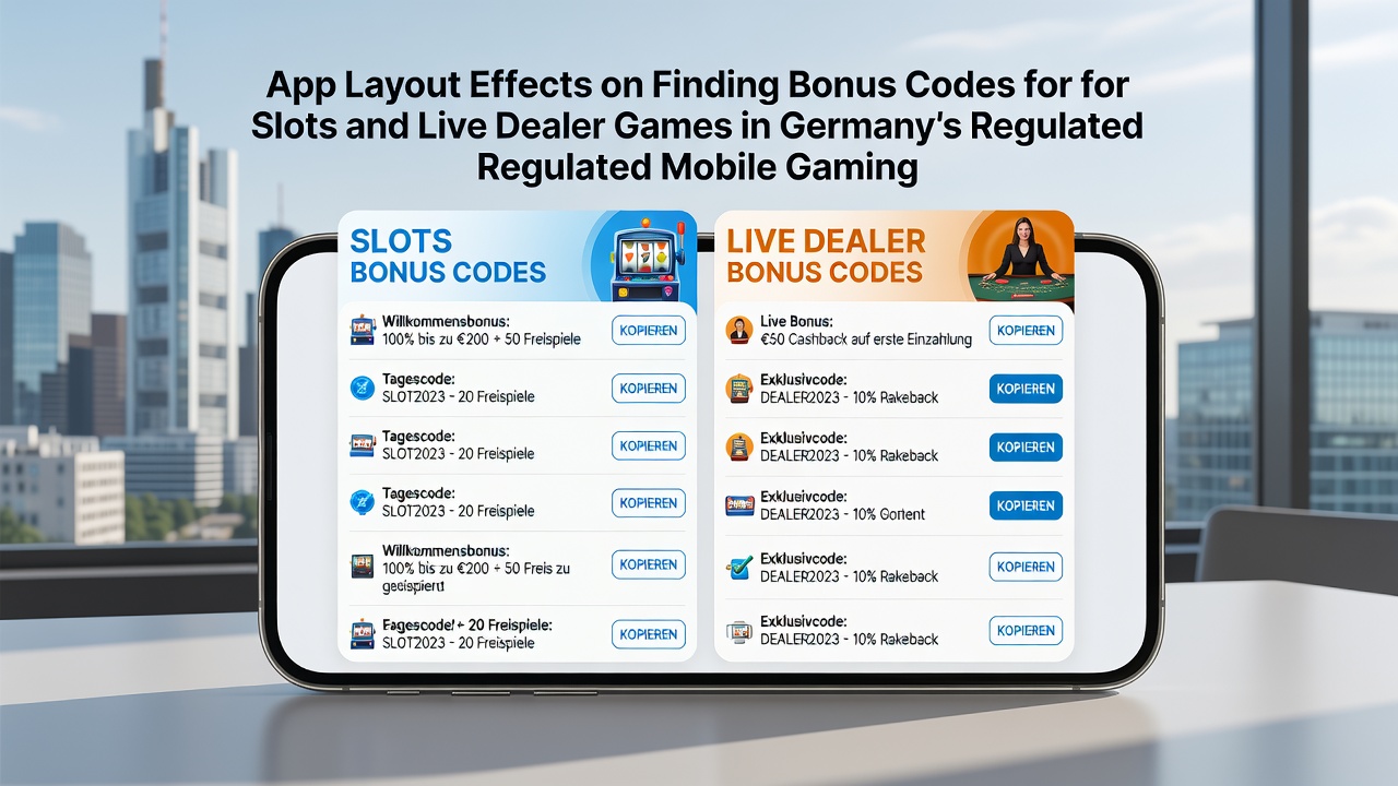 Detailansicht einer deutschen Casino-App mit hervorgehobenen Bonuscode-Sektionen für Slots und Live-Dealer